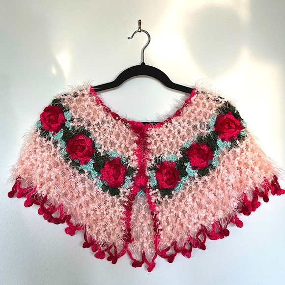 LoveShackFancy Accessories - Knit crochet pink fluffy yarn red rose floral green leaf dangling trim capelet
